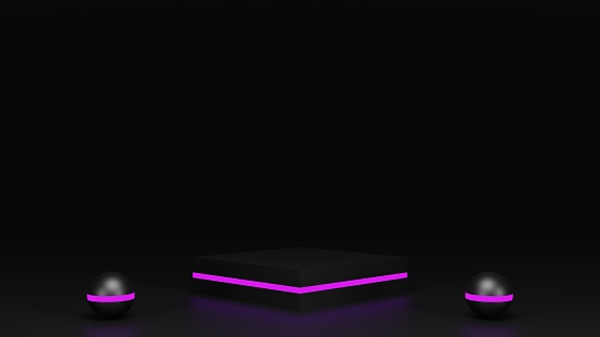 abstract geometry pedestal with purple neon line, 3D empty podium display for product showcase. 3d rendering