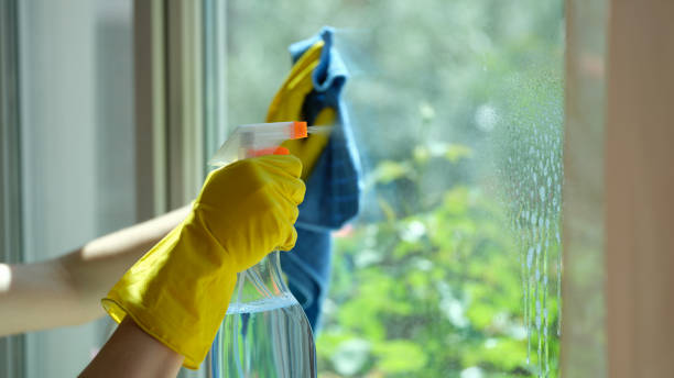 istock Cleaner washing window with detergent and rags in house 1417852203