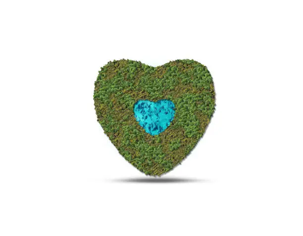 World Environment Day or Earth day concept. 3D forest shape isolate with love symbol. Parris Agreements, Eco-friendly environment