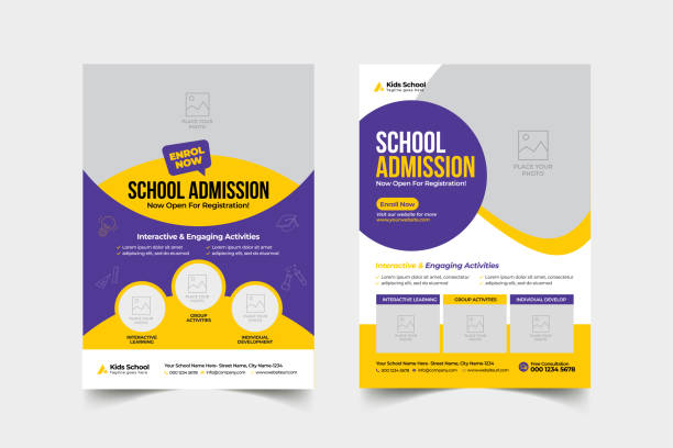 ilustrações, clipart, desenhos animados e ícones de modelo de capa de folheto de folhetos para crianças de volta ao design de layout de admissão de educação escolar - flyer