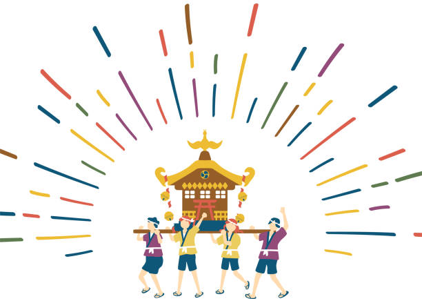 иллюстрация детей и японского традиционного переносного храма - shinto stock illustrations