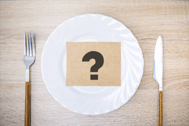 istock Food choice concept. Question mark on empty plate.  Food crisis. 1417855521
