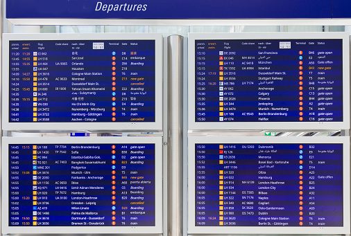 Airport with departure board Airplane and train