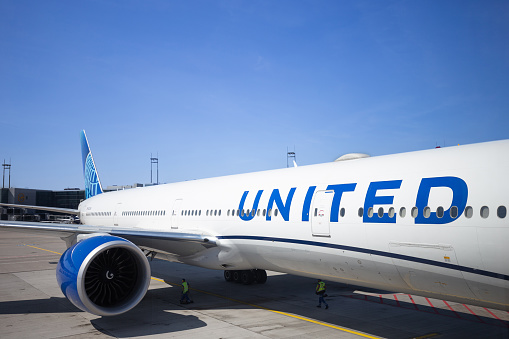 Frankfurt, Germany - August 11, 2022: United Airlines Boeing at the gate of Frankfurt International Airport in Germany