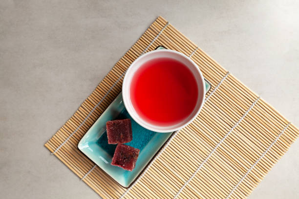 istock Schizandra chai or Omija tea on the table, top view, selective focus. Five flavor berry tea 1417858314