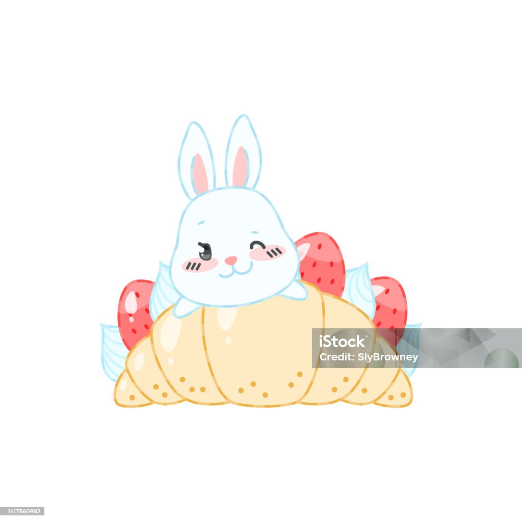 Croissant Rabbit Cute Bunny And A Strawberry Dessert Stock Illustration - Download Image ...