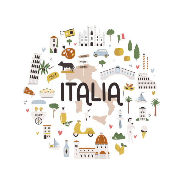 ilustraciones, imágenes clip art, dibujos animados e iconos de stock de decoración circular, emblema con símbolos famosos y puntos de referencia de italia - italian culture rome europe cartoon