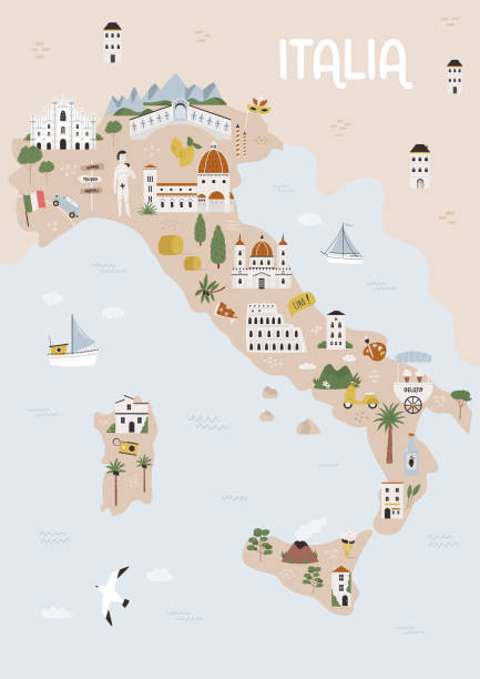 illustrazioni stock, clip art, cartoni animati e icone di tendenza di illustrazione vettoriale della mappa dell'italia con città e destinazioni famose - italy map sicily cartography
