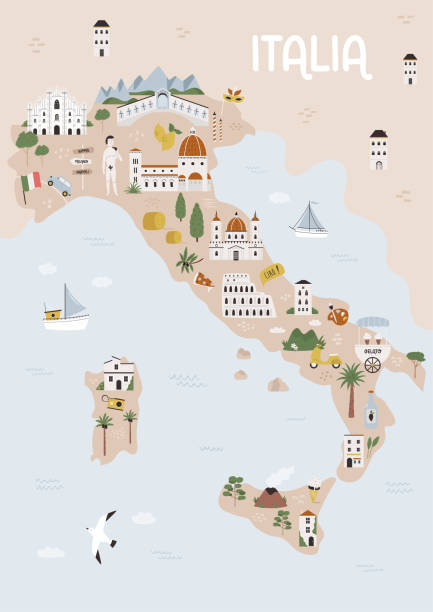 ilustrações de stock, clip art, desenhos animados e ícones de vector illustration of map of italy with famous cities and destinations - italy map vector sicily