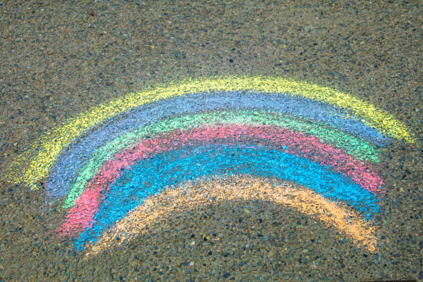 istock Children paint a rainbow on the asphalt. Selective focus. 1417861576