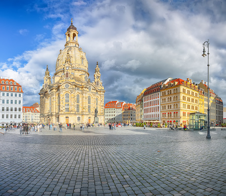 Breathtaking view of  of Baroque church - Frauenkirche at Neumarkt square in downtown of Dresden. Popular tourist destination. Location: Dresden, state of Saxony, Germany, Europe