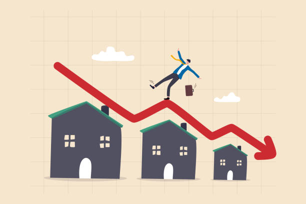 주택 가격 하락, 부동산 및 부동산 추락, 가치 하락 또는 하락, 주택 대출 또는 모기지 위험 개념, 주택 투자자 주택 소유자가 하락에 떨어지는 주택 그래프. - price drop stock illustrations