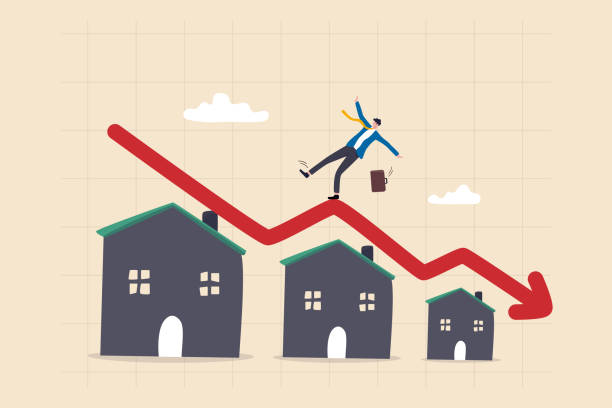 ilustrações de stock, clip art, desenhos animados e ícones de housing price falling down, real estate and property crash, value drop or decline, home loan or mortgage risk concept, businessman investor home owner falling on decline falling down housing graph. - price drop