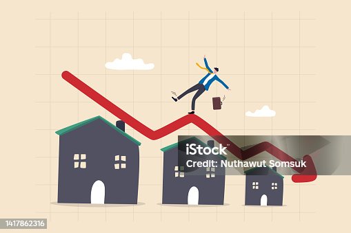 istock Housing price falling down, real estate and property crash, value drop or decline, home loan or mortgage risk concept, businessman investor home owner falling on decline falling down housing graph. 1417862316