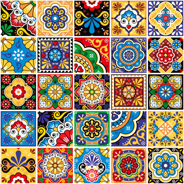 ilustraciones, imágenes clip art, dibujos animados e iconos de stock de azulejos mexicanos sin patrón vectorial sin costuras: gran conjunto de diseños inspirados en talavera perfectos para papeles pintados, decoración del hogar, textiles o estampados de telas - spanish tiles