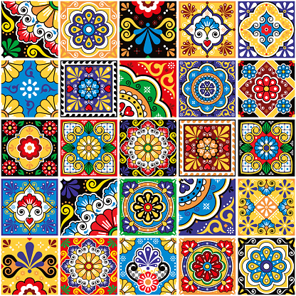 Mexican tiles seamless vector pattern - big set of talavera inspired designs perfect for wallpapers, home decor, textiles or fabric prints
