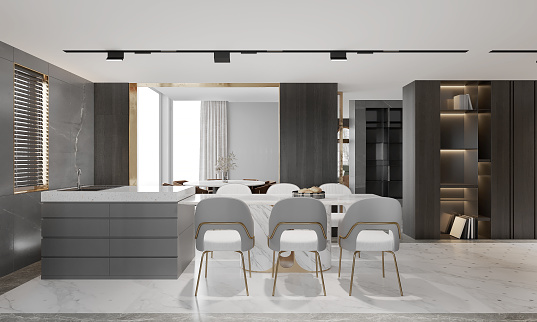 Modern Dining and kitchen interior with dining table and chairs.3D illustration