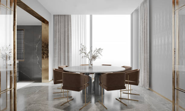 istock Elegant dining room in modern style decorated with white and gray marble, natural light from the window. 3D illustration 1417863790