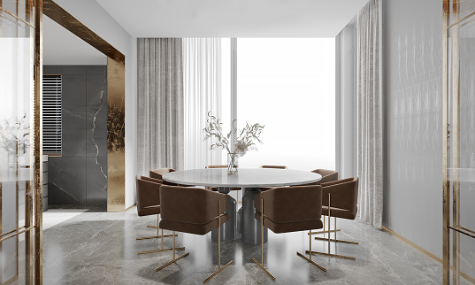 Elegant dining room in modern style decorated with white and gray marble, natural light from the window. 3D illustration