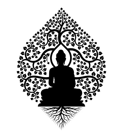 Black Buddha Meditation under bodhi tree with leaf and root sign vector design