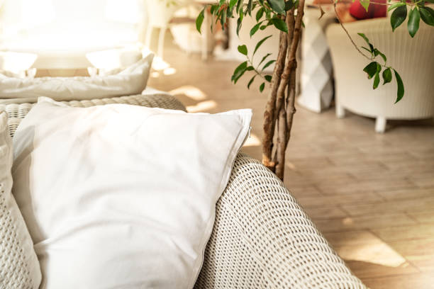 istock Rattan couch with cushion in boho style patio 1417865705