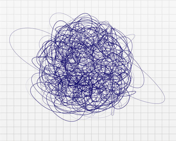 Doodles knot ball pen drawn, stain of chaotic lines on checkered paper sheet, school empty background for creative design, chaos symbol, hand drawing circle scribble scrawl. Vector illustration Doodles knot ball pen drawn, stain of chaotic lines on checkered paper sheet, school empty background for creative design, chaos symbol, hand drawing circle scribble scrawl. Vector illustration. ballpoint pen stock illustrations