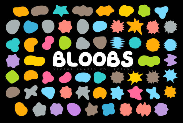 bloobs 모양 수집, 무작위 추상 얼룩, 컬러 버블 실루엣, 불규칙한 액체 모양 세트, 유기 물결 모양의 액체, 배경을위한 예술 장소, 만화 연설 거품, 벡터 일러스트 레이 션 - 물감 방울 stock illustrations