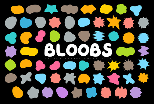 Bloobs shape collection, random abstract stains, color bubble silhouette, irregular liquid shape set, organic wavy fluid, art spot for background, comic speech bubble, vector illustration.