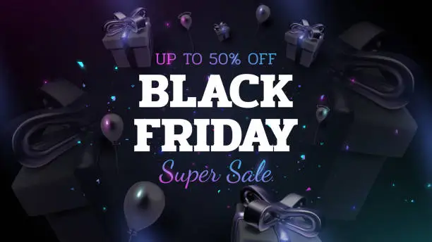 Vector illustration of Black friday background with gift box decoration and balloons with glitter light effect element. 3d realistic vector design.