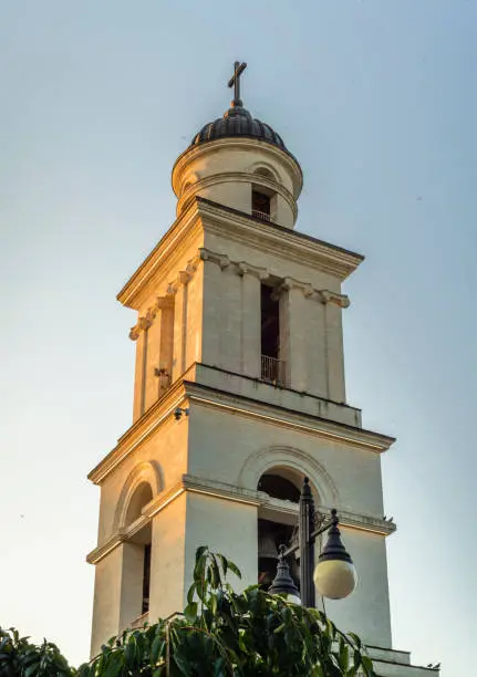 Photo of CHISINAU, MOLDOVA - august 20, 2022: bell tower near Metropolitan Cathedral Nativity Lord  Historical architectural landmark capital city sunset