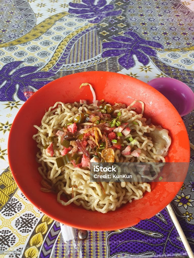 wonton noodles wonton noodles " mie pansit" at Pematang Siantar. One of famous lokal food in the city. Bowl Stock Photo