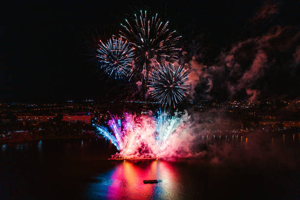 istock Beautiful fireworks in a night sky. View from above 1417868790
