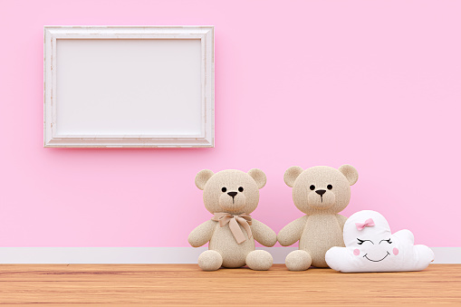 Two teddy bears in a room with white picture frame.3d rendering illustration.