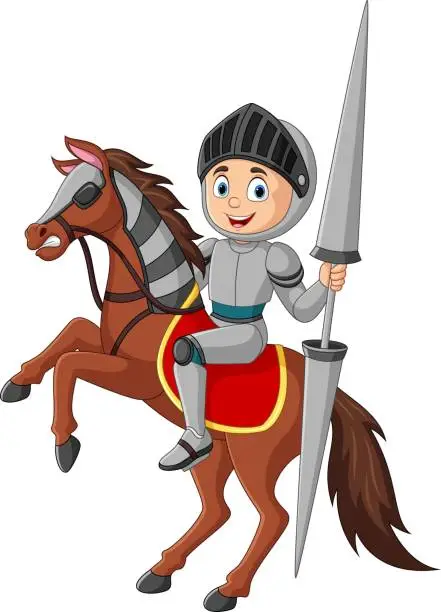 Vector illustration of Cartoon knight riding a horse with lance