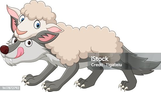 istock Cartoon funny wolf in sheep clothing 1417872792