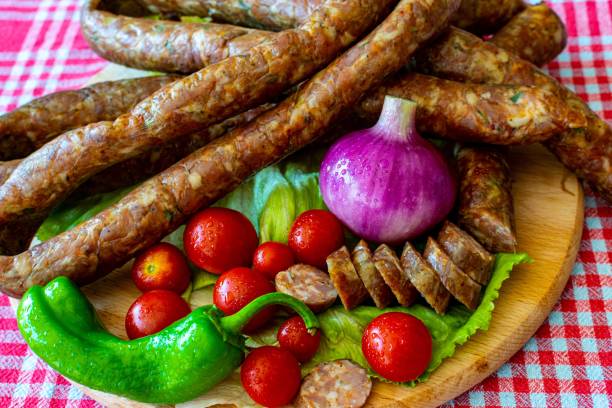 istock Closeup of Mexican chorizo with vegetables. 1417874064