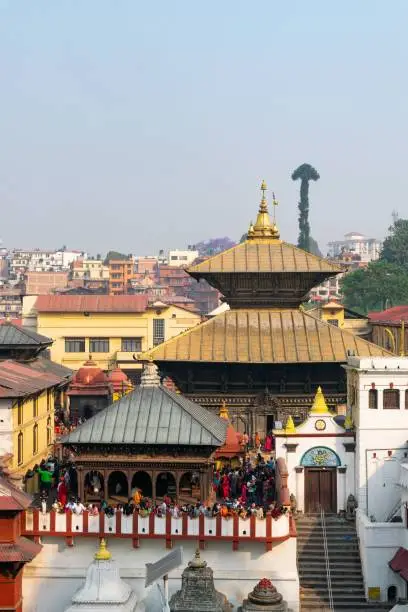 A vertical high angle shot of the Pashupatinath temple in Kathmandu, Nepal