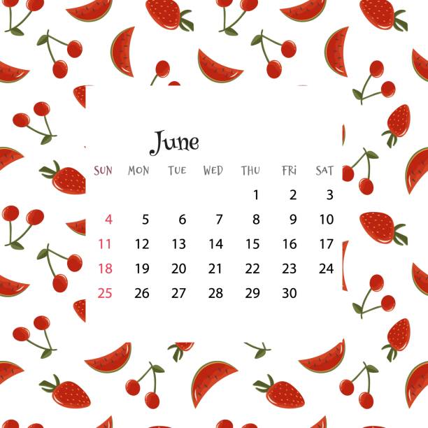 istock 2023 Calendar for June. Vector illustration of month calendar on seamless pattern with cherries, watermelons, strawberries in cartoon flat style. Colorful backgroud with month grid. 1417875766