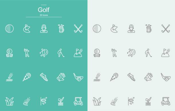 ilustrações, clipart, desenhos animados e ícones de ícones da linha de golfe - golf golf course swinging isolated
