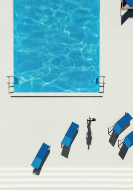 istock Woman by a pool on a sunny day. Aerial view. 3D render. 1417877003