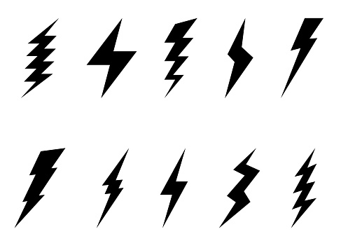 Lightning bolt icons collection set isolated on white background. Flash symbol, thunderbolt. Simple lightning strike sign. Vector illustration.