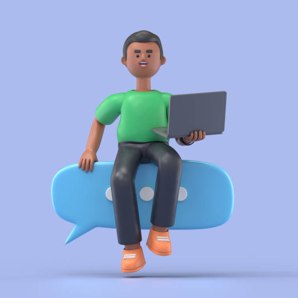 istock 3D illustration of handsome afro man David with laptop and bubble talk. 3D rendering on blue background. 1417877590