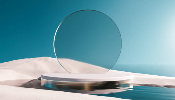 3d render round platform on water and sand with glass wall panels. Minimal landscape mockup for product showcase banner in blue colors. Modern promotion mock up. Geometric background with empty space.