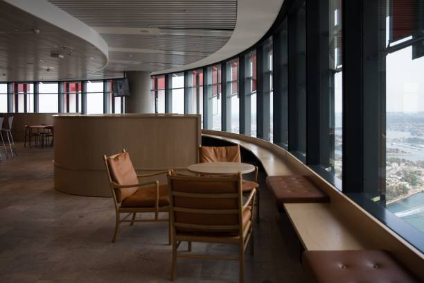 istock Hotel lounge with windows overlooking city 1417879113