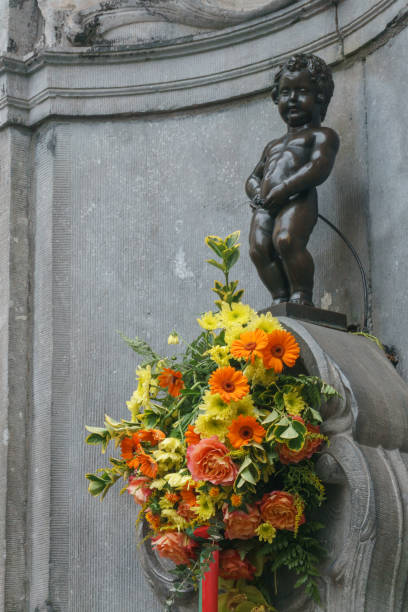 Brass sculpture of Manneken Pis fountain, a famous tourist sight in Brussels, Belgium Brass sculpture of Manneken Pis fountain, a famous tourist sight in Brussels, Belgium manneken pis statue in brussels belgium stock pictures, royalty-free photos & images