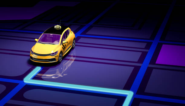 istock Ordering a taxi cab online internet service transportation concept navigation pin pointer with checker pattern and yellow taxi 3d render illustration background 1417879737