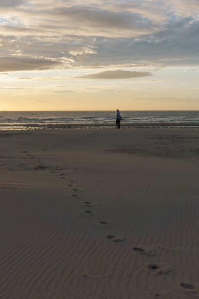 istock footprints in the sand at the beach during golden hour at sunset 1417880124