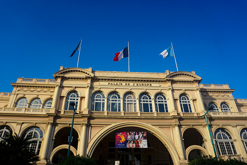 Palais de l'Europe in Menton, France was previously the municipal casino built in 1908. Today it houses the tourist office, the library, and theatre.