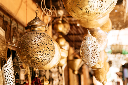 Lots of traditional Moroccan bronze lamps in Marrakech. Old town of Marrakech (Medina).