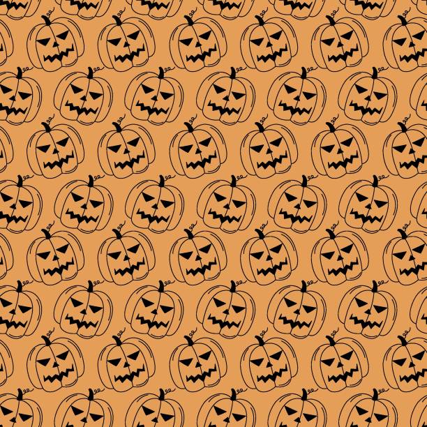 ilustraciones, imágenes clip art, dibujos animados e iconos de stock de patrón de garabatos de halloween. linternas de calabaza negra sobre fondo naranja. ilustración vectorial sin fisuras. bocetos navideños de halloween símbolos jack linternas. elementos dibujados a mano - halloween pumpkin jack olantern industry